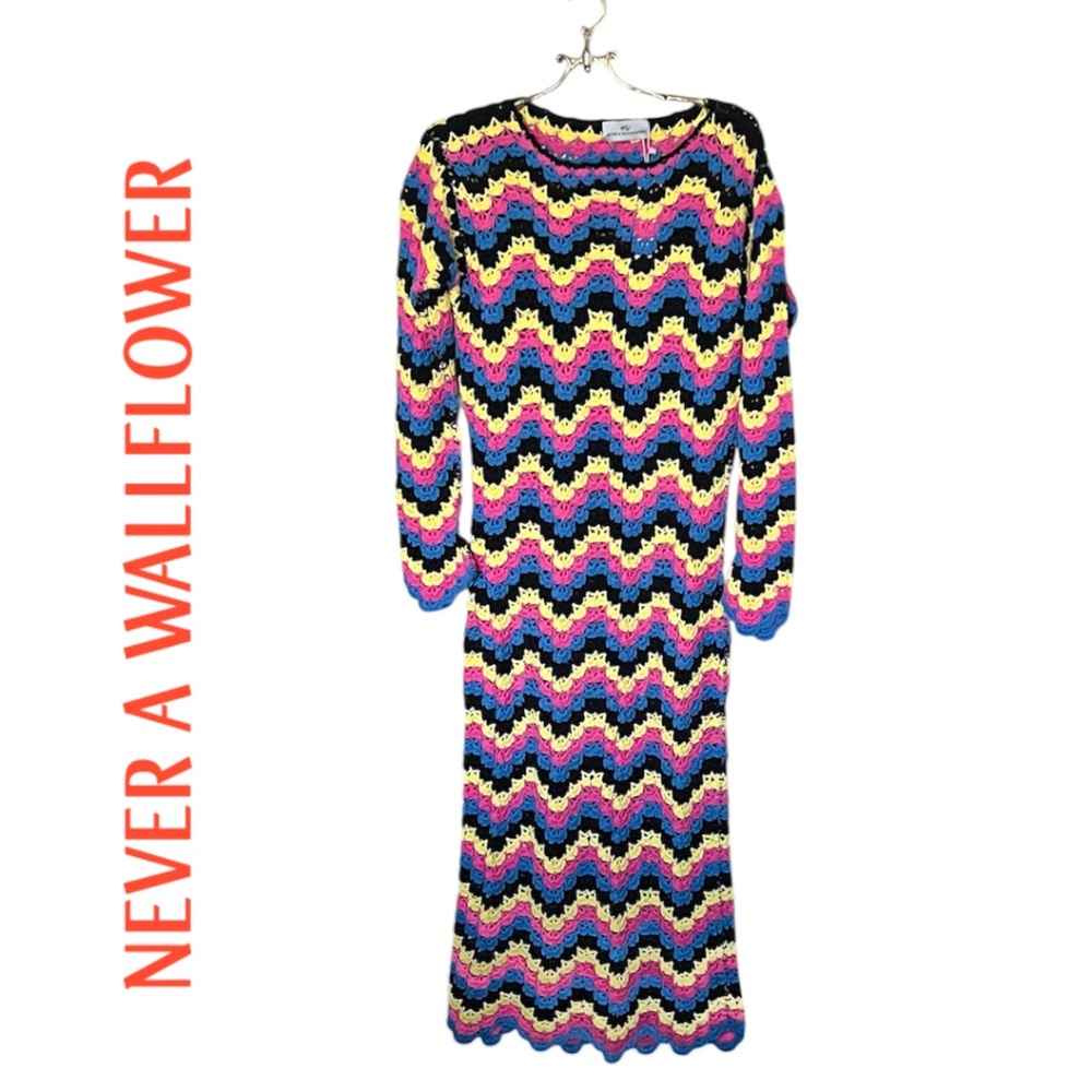 Never A WallFlower Blue Pink Black Yellow Crochet Long Sleeve Dress Size XS